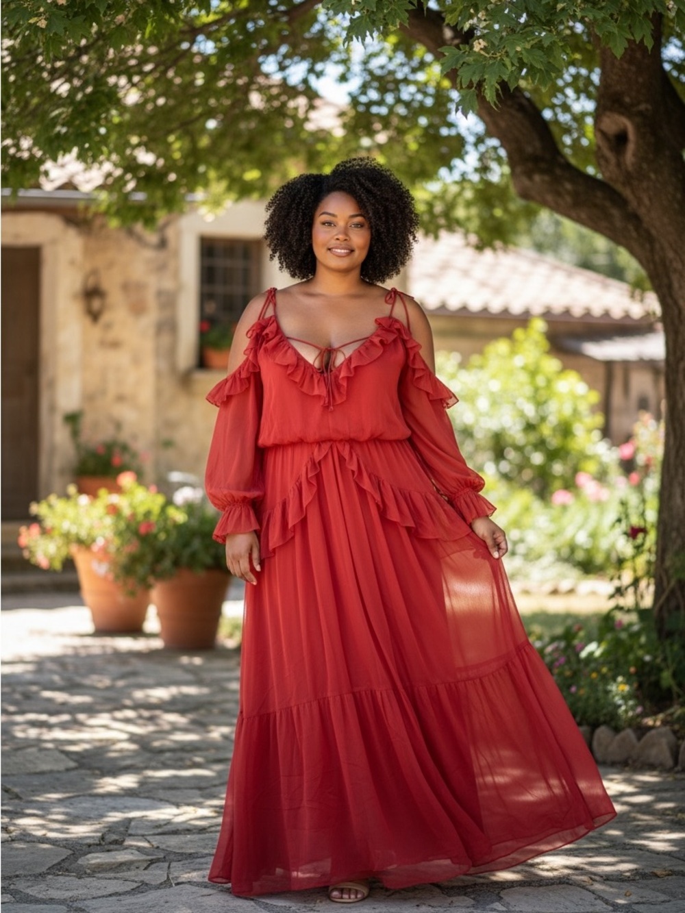 ASOS Rust-Red Ruffle Cold-Shoulder Maxi Dress